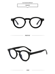 Detail view showing front and side profile of vintage round black sunglasses frames