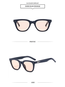 Detail view of dark blue polygon sunglasses with orange lenses and silver star accents