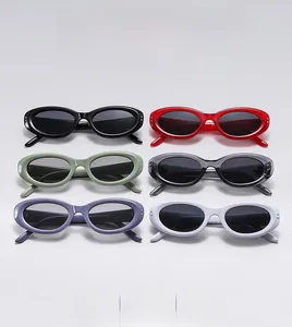 Matrix display of retro oval sunglasses in six colors including red, green, and blue