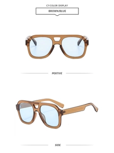 Front and side view of retro aviator sunglasses with brown frame and blue lenses