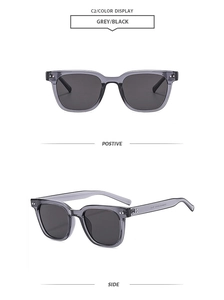 Front and side view of grey square frame sunglasses with metal stud detailing