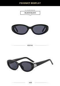 Detailed front and side views of oval retro sunglasses with silver metal trim on temples