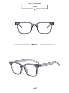 Detail view of square grey transparent glasses showing front and side temple markings