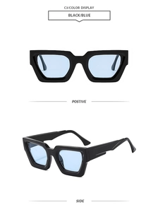 Front and side views of thick black square sunglasses featuring light blue tinted lenses