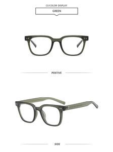 Detailed views of olive green square sunglasses with metal hinges and rivet decorations