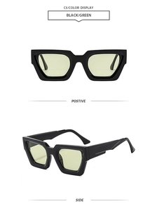 Detailed front and side views of chunky square sunglasses with black frame and pale green lenses