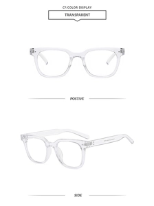 Detailed views of transparent square sunglasses frame with high-quality metal hinges
