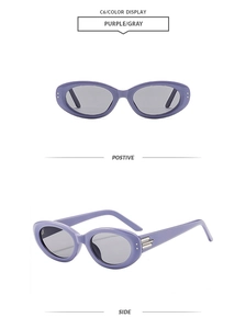 Detail view of oval purple sunglasses with silver metal trim on the side temples