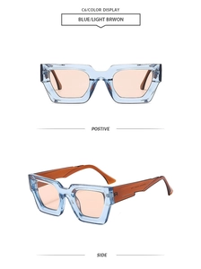 Detailed views of thick-frame geometric sunglasses in translucent blue with brown lenses