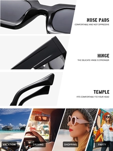 Detail view of square black sunglasses showing ergonomic nose pads and reinforced hinges