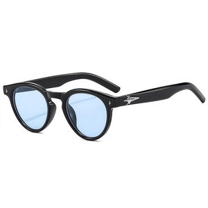 Fashionable round small frame sunglasses with black acetate frame and light blue lenses