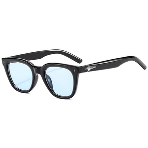 Modern polygonal sunglasses with black frame, light blue lenses and star decorations