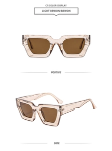 Detail view of light brown chunky polygon sunglasses showing both front and side profiles