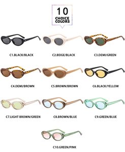 Flat lay display showcasing ten different color options for oval retro sunglasses