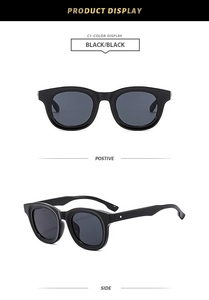 Front and side views of vintage oval thick frame sunglasses with dark lenses in black