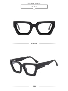 Front and side macro views of black thick-frame retro glasses with smooth temples