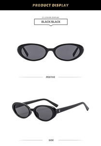 Detailed front and profile views of oval black sunglasses with vintage silver accents