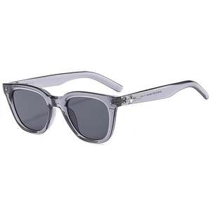 Fashionable polygon sunglasses with transparent grey frames and dark grey lenses