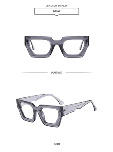 Detailed views of gray thick-frame polygon sunglasses from positive and side angles