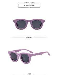 Detail view of purple oval frames with black lenses from front and side angles