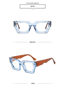 Detail view of stylish blue translucent geometric sunglasses with contrasting brown temples
