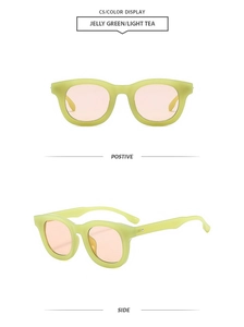 Detail view of jelly green oval sunglasses with light tea lenses in front and side views
