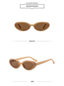 Detail view of oval brown sunglasses featuring a seamless frame and matching lenses