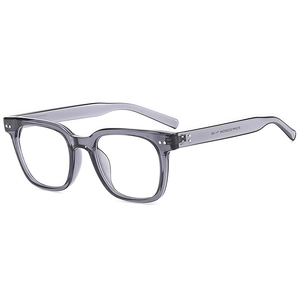 Classic square smoke gray frames with metallic rivets shown from a 45-degree side angle