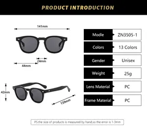 Detailed technical size specifications and dimensions chart for retro round sunglasses