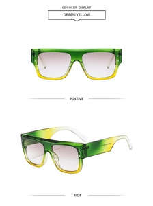 Detail view of square green-yellow gradient sunglasses with flat top and purple lenses
