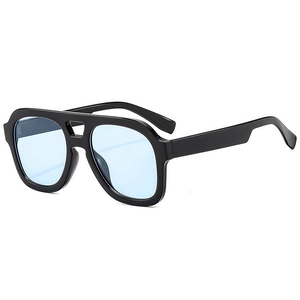 Classic double bridge aviator sunglasses with black thick frames and blue tinted lenses