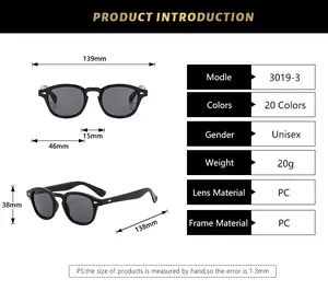 Detailed size chart for retro round sunglasses showing frame dimensions and PC material spec