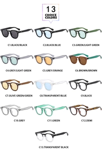 Grid view of 13 stylish vintage sunglasses with classic thick frames in diverse colors