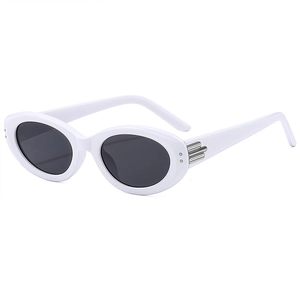 Retro oval white frame sunglasses with dark lenses and silver decorative metal hinges