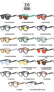 Detailed catalog of 20 color options for vintage round rivet sunglasses and tinted lenses