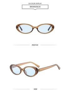 Detail view of oval brown frame sunglasses with light blue lenses from front and side angles