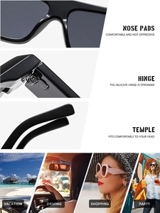 Close-up of ergonomic nose pads, sturdy hinges and temples of square black sunglasses