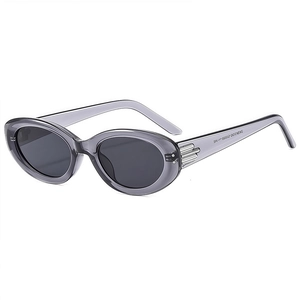 Retro oval sunglasses with translucent grey-purple frames and dark grey lenses