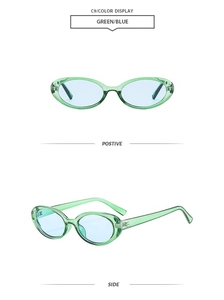 Detail view of oval green transparent sunglasses with light blue lenses from multiple angles