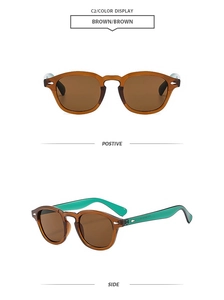 Detail view of brown retro round sunglasses with green temples and silver metal rivets