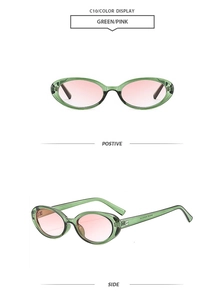 Front and side views of vintage green oval sunglasses with pink gradient lenses