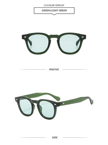 Detail of vintage round green sunglasses showing metal rivets and side view design