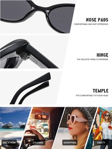 Detail view of oval black sunglasses with reinforced hinges and comfortable nose pads