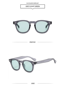 Detail view of retro translucent grey sunglasses with light green lenses and side logo
