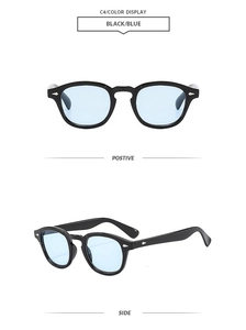 Detailed views of vintage round black frame sunglasses with light blue lenses and silver rivets