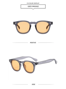 Detail view of fashion retro sunglasses with grey frame and orange lenses from two angles