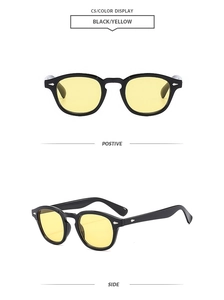 Detailed views of vintage round black frame sunglasses with yellow lenses and metal rivets