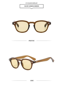Detail view of vintage round olive green sunglasses with amber frames and yellow lenses