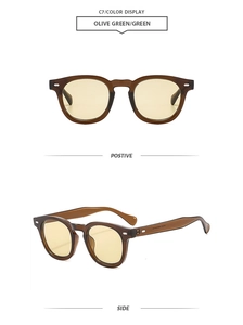 Retro olive green sunglasses with yellow lenses showing front and side views