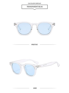 Front and side view of transparent blue retro sunglasses with metal stud accents